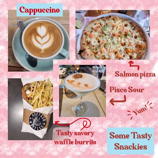 Cappuccino, salmon pizza, buffalo waffle, pisco sour